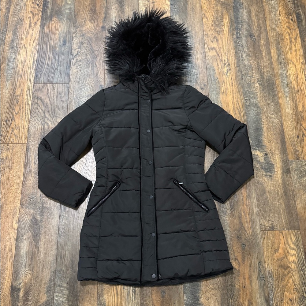 H&M Black Puffer Jacket with Faux Fur Hood